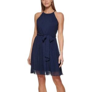 DKNY Sleeveless Navy Belted Crepe Sheath Dress Womens 12 Classic Chic Minimalist